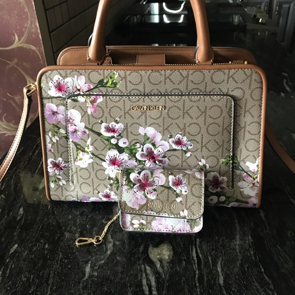 Calvin Klein Floral Crossbody Bag - embroidered cherry blossoms-pink and brown